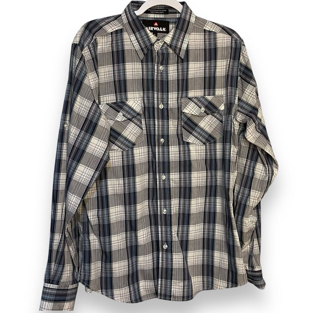 Airwalk Button Up Shirt Men's Large Gray Pockets Casual Western Outdoor Plaid